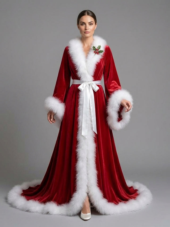 Christmas Robe with White Faux Fur Trim and Flared Sleeves YD261015
