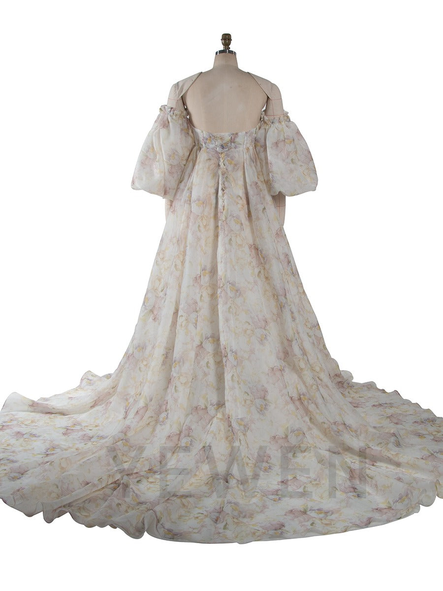High Waist Printed Floral Organza Dresses for Baby Shower Maternity Gown for Photo Shoot  YW221105-3