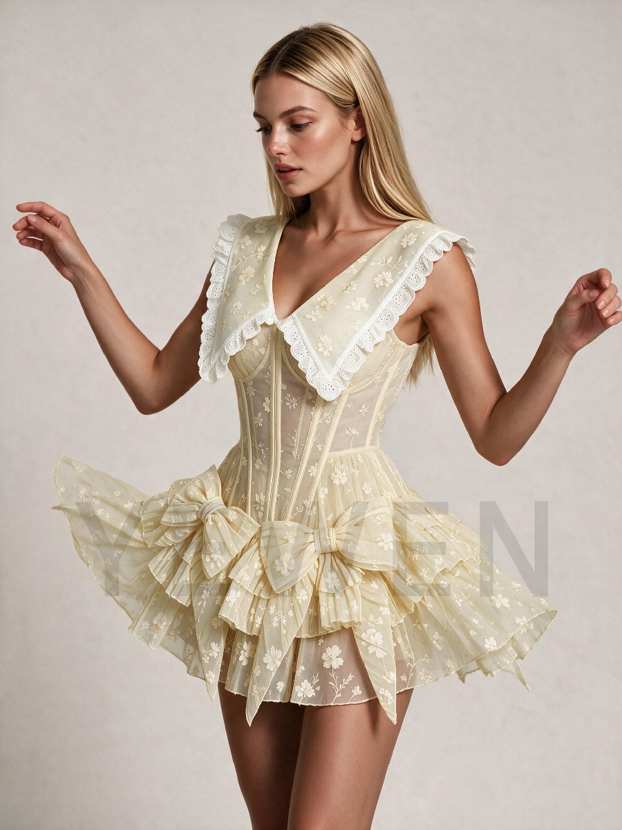 Cream Yellow Floral Princess Dress With Lace Sailor Collar And Bow Skirt WT268017
