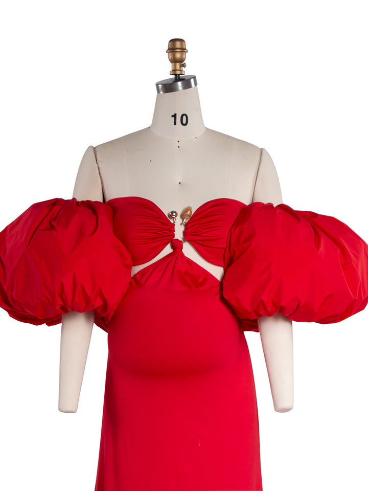 Stretch Mermaid Maternity Photoshoot Dress Puffy Sleeve Baby Shower Gown YW251024