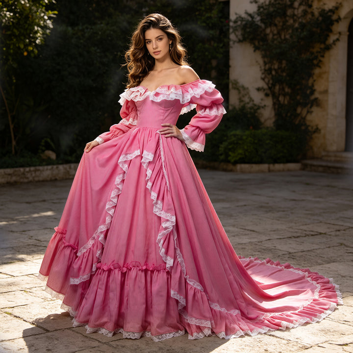 Custom Made Princess Gown with Adjustable Train Red Stripe Maiden Gown YW260265-1