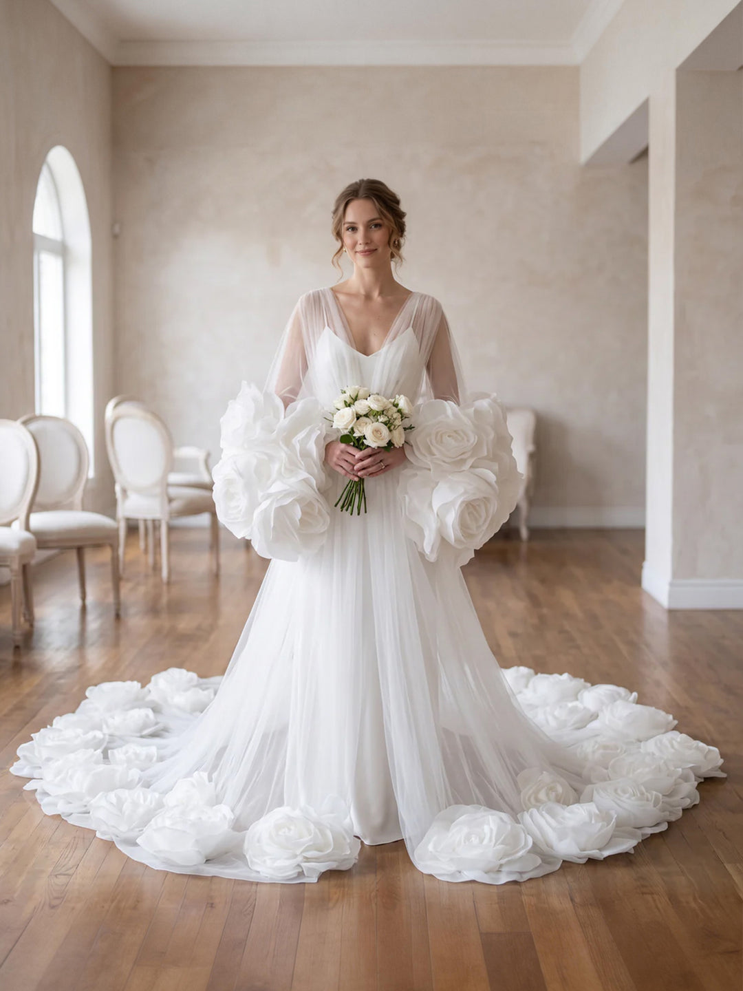 Luxury 3D Rose Bridal Robes Long Train Gown for Photoshoots