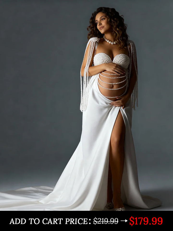 2 Piece Set Pearls Maternity Dress Photoshoot Custom Made Gown for Pictures YW250085