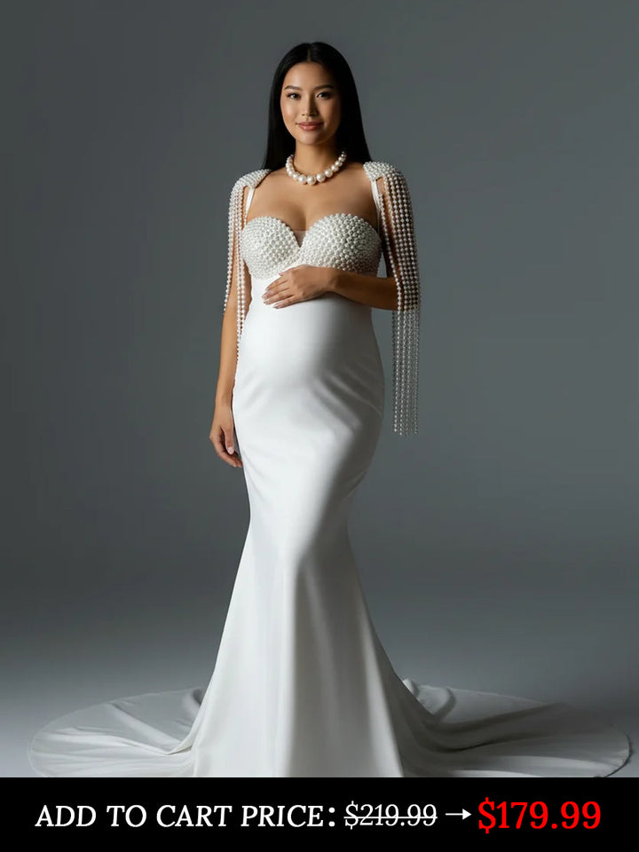 White Pearls Mermaid Maternity Wedding Dress YD260731