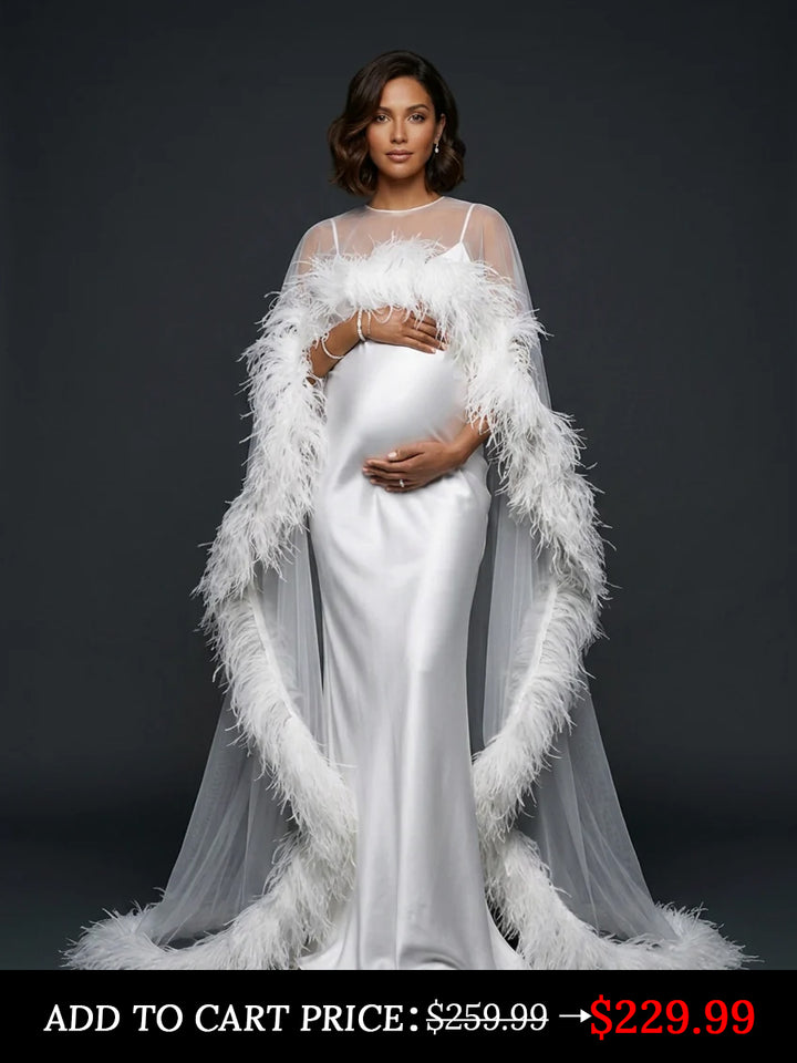 Luxury Ostrich Feather Maternity Photoshoot Dress Baby Shower Pregnancy Gown with Cape YD260825