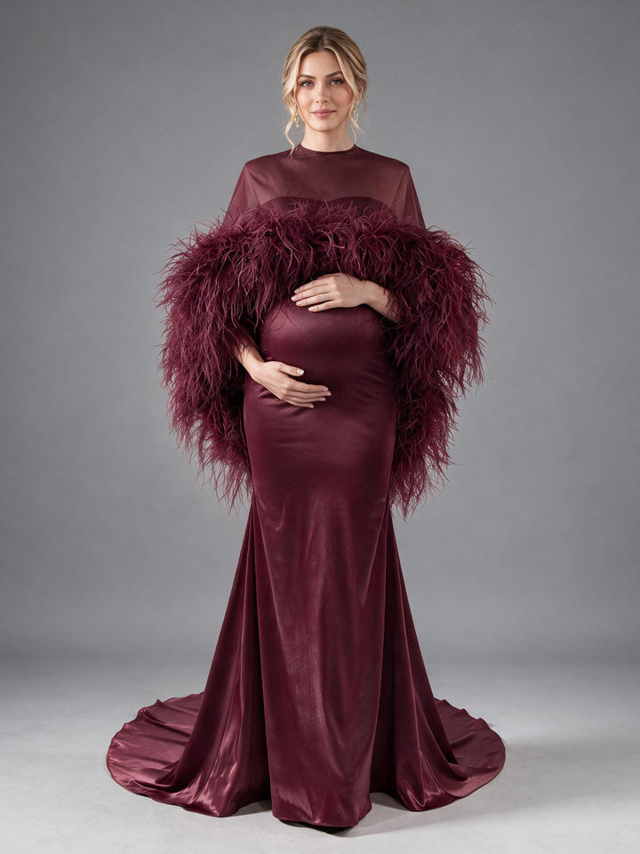 Burgundy Ostrich Feather Cape Maternity Baby Shower Dress YD260917