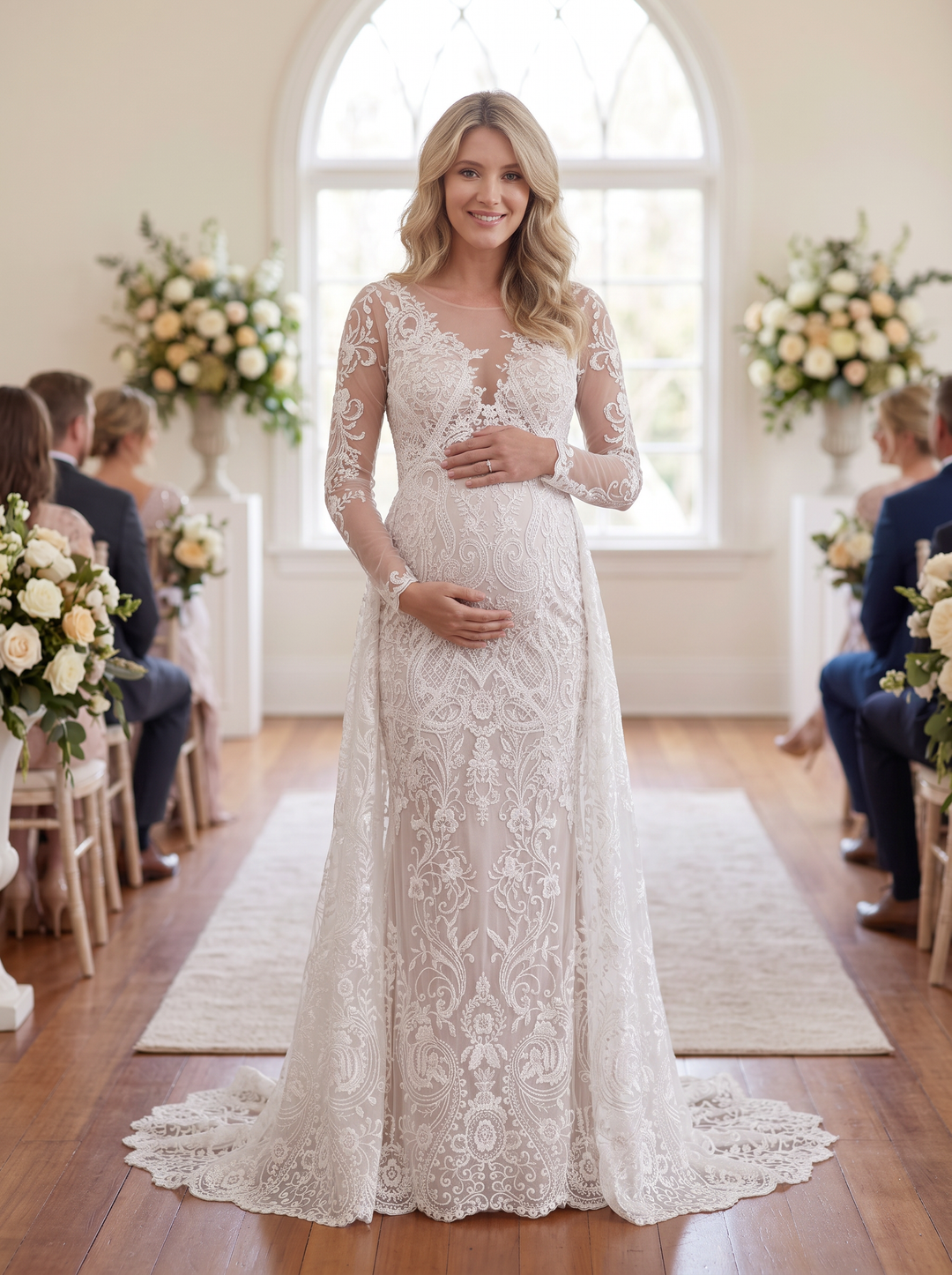 Luxury Illusion Long Sleeve Lace Maternity Wedding Dress YD260816 – yewendress