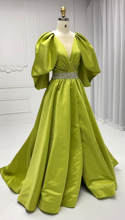 A-line, V-Neck,  Half Sleeves , Fluorescent Green Satin, Prom Dresses 