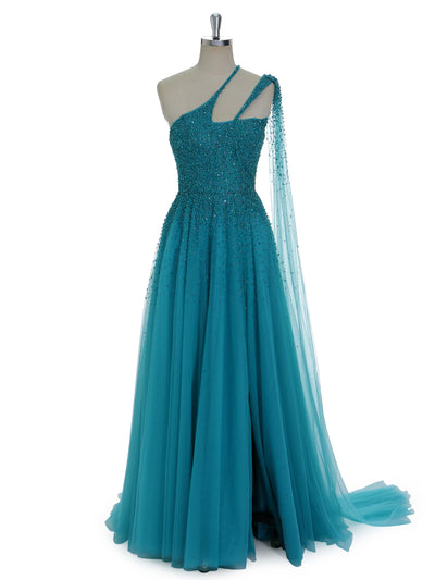 A Line , Asymmetrical Neckline,  Sweep Train , Peacock Blue Evening Dresses , Special Occasions Gown