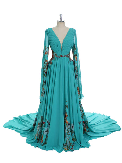 Emerald Green,  Long Sleeve,  V-Neck , Chiffon Dress with Embroidery,  Floral Lace-Up Back, Photography Gown
