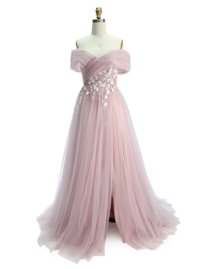 A-line, Off The Shoulder,  Dusty Pink , Tulle Prom Dresses with Lace 