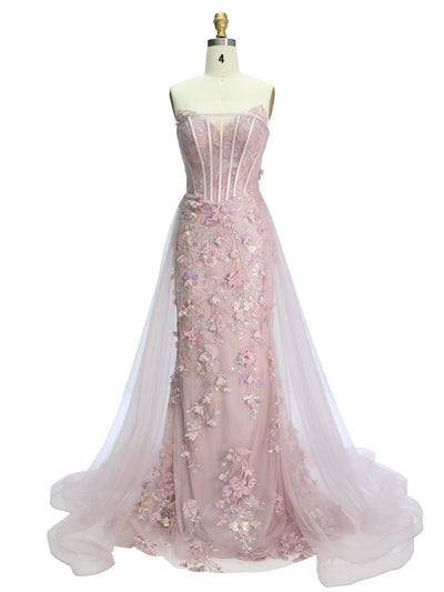 Mermaid Strapless Sweep Train Pink Floral Lace,  Prom Gown