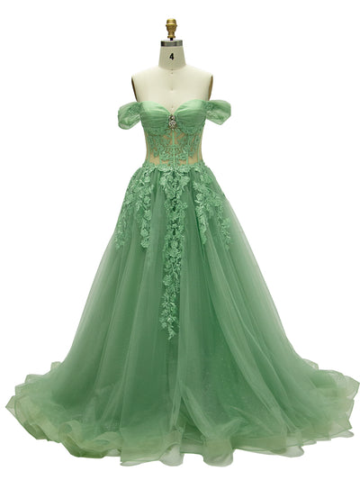 A Line , Sage Green,  Off-Shoulder,  Prom Dress with Emboidery Lace, Custom Colors