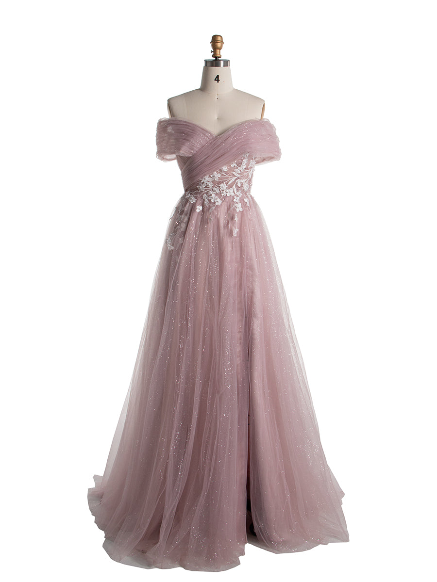 A-line Off The Shoulder Dusty Pink Tulle Prom Dresses with Lace YE2529 A-line Off The Shoulder Dusty Pink Tulle Prom Dresses with Lace YE2529