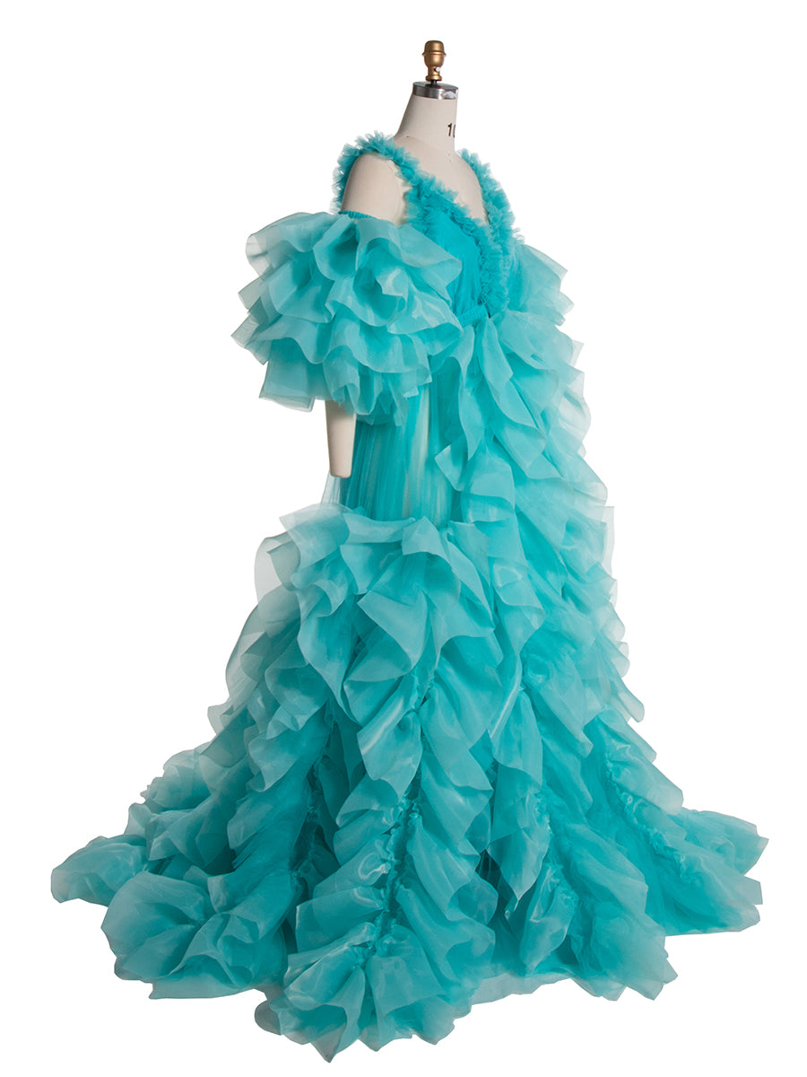 blue fluffy maternity dress Midiluy Dusty Blue Maternity Dress Tulle Robe Pregnancy Dresses for Photoshoot Puffy Ruffles Bridal Lingerie Bathgown Sheer Wedding Scarf for Baby Shower Dusty Blue M at Amazon Women's Clothing store
