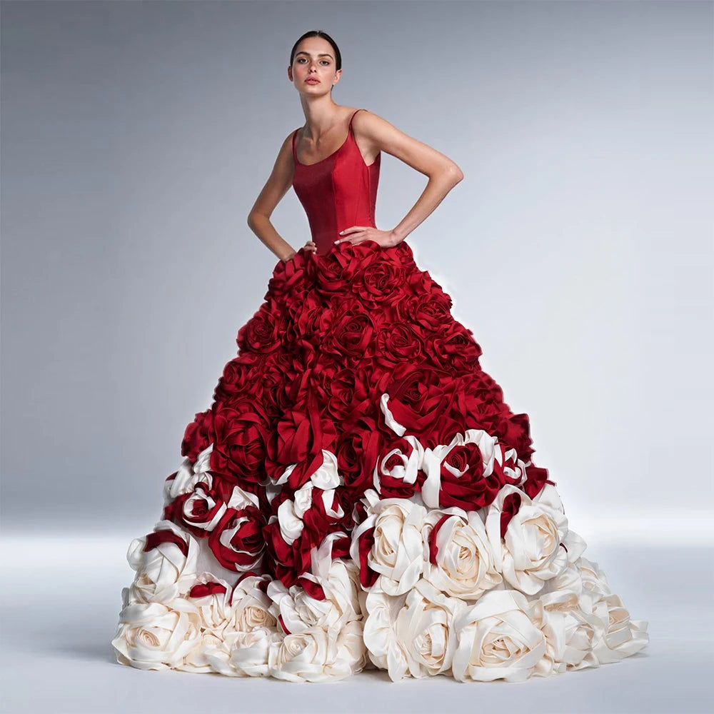 Elegant Red and White Rosette A Line Ball Gown Wedding Dress