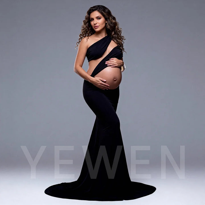 Sexy Black Pregnant Woman Photography Dress Slope Shoulder Stretchy Skinny Maternity Long Dress for Photo Shoot YW260355