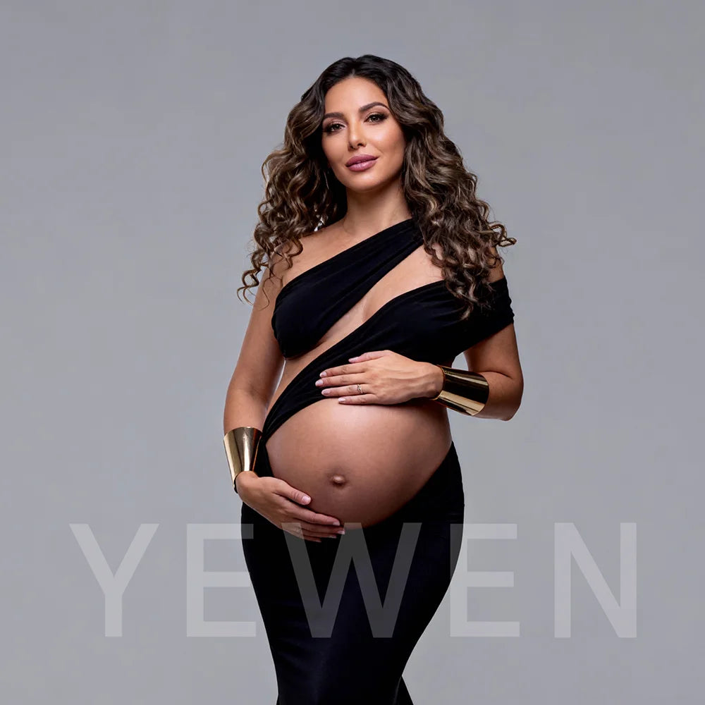 Sexy Black Pregnant Woman Photography Dress Slope Shoulder Stretchy Skinny Maternity Long Dress for Photo Shoot YW260355