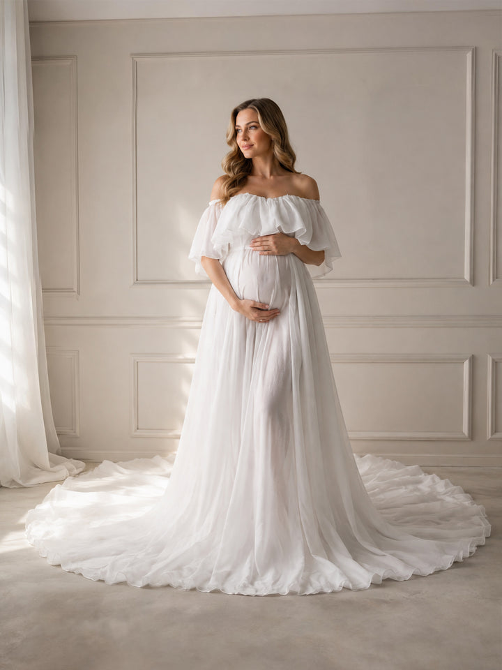 Silk Chiffon Evening Dress Off The Shoulder Maternity Gown for Photo Shoots Photography Dress Custom Plus Size YD21106