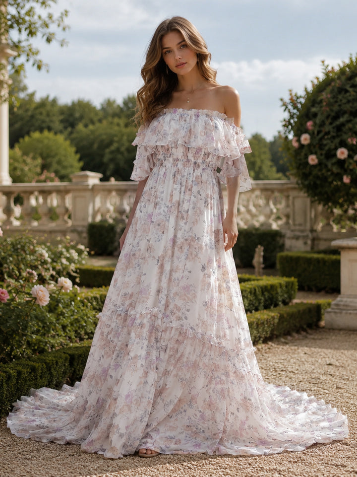 Elegant Printing Chiffon Boho Dress for Photo Shoot Elastic Waist Maxi Dress YD22107-2