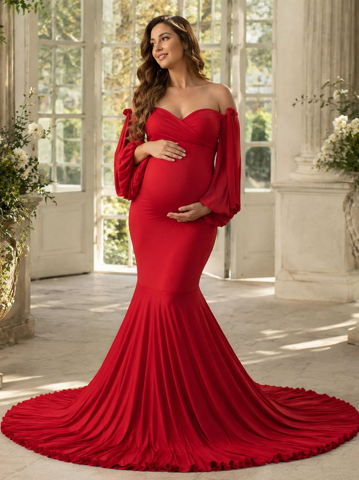 Full Sleeves Stretchy Fabric Mermaid Maternity Dress for Photo Shoot Maternity Gown Bridesmaid Dress Evening Gown YeWen YW21009