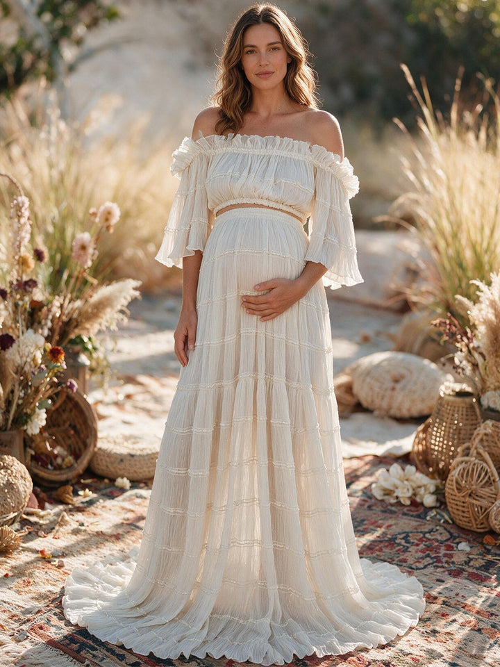 2-teiliges Set Kleid Bohemian Umstandskleid für Fotoshooting Frau Maxikleid Seitenschlitz YEWEN YW220511-1 