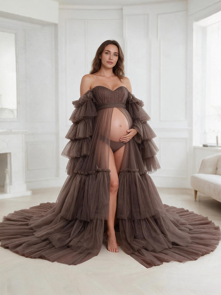 Nouvelle Arrivée Tulle Robe De Maternité pour Photo Shoots À Volants À Lacets Robe De Soirée Photographie Robe YEWEN YW220934 