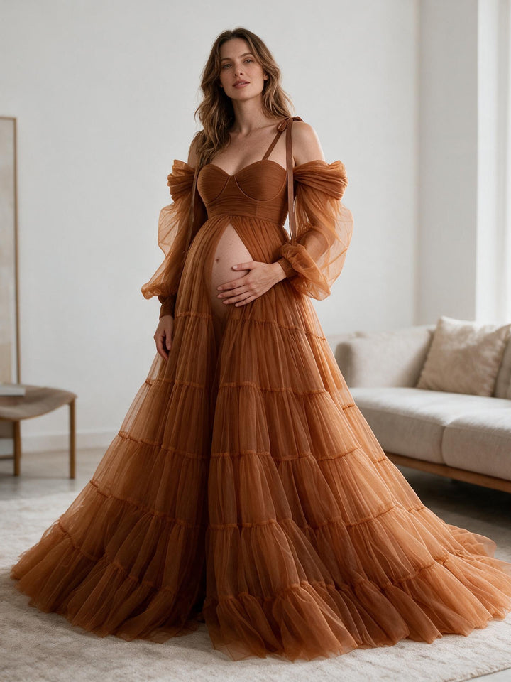 Maternity Dress for Photo Shoot Tulle Gown Photography Dress with Front Belly Slit YW221106