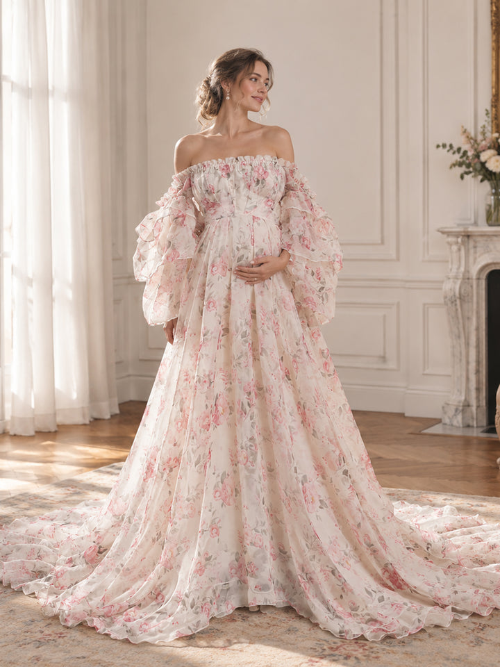 Robe De Maternité Sans Bretelles Séance Photo Imprimé Floral Soie Doux Organza Femme Robe Maxi Fente Latérale YW231002 