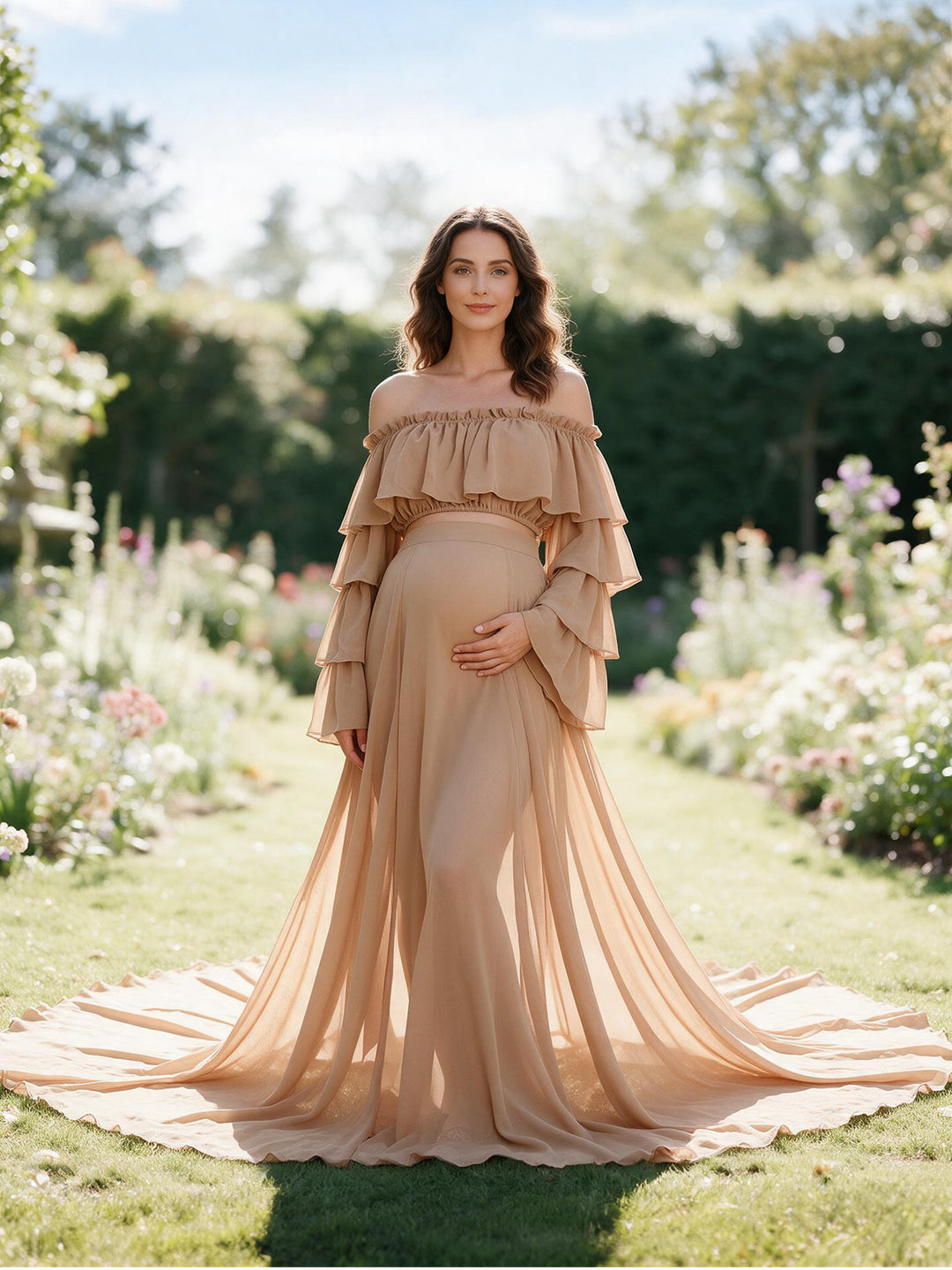 Chiffon-Braunfarbenes 2-teiliges Set Umstandskleid Fotografiekleid YW231003 
