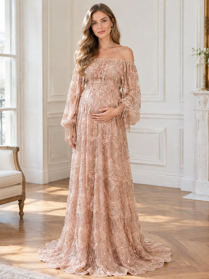 Off Shoulder Long Sleeves Bling Sequins Evening Dress Photography Props Gown YW231121