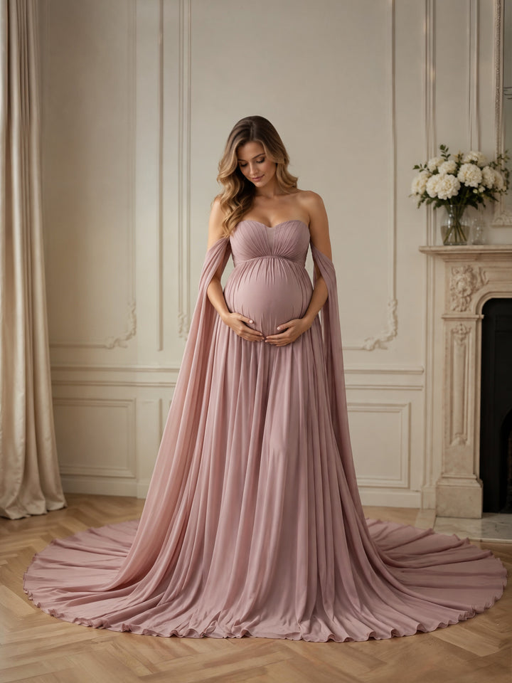 Chiffon Maternity Dress for Photo Shoot Long Cape Sleeves Photography Dress YW231153