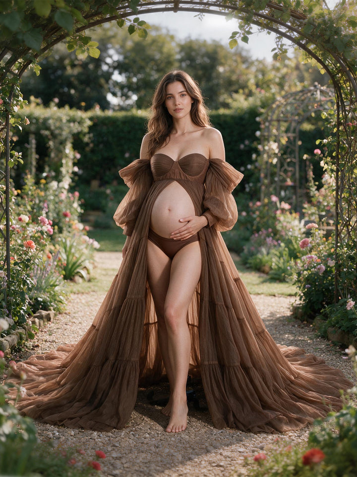 Off  The Shoulder Brown Maternity Photography Photo Shoot Dress YW240011