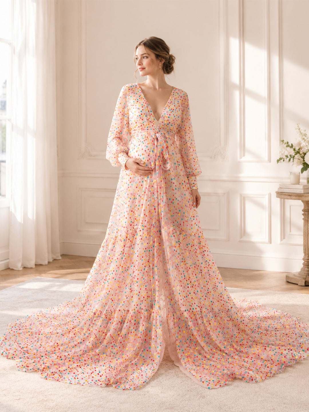 Colorful Polka Dot Maxi Dress for Women Photography Gown Maternity Photoshoot Dresses Long Flowing Maxi Dresses YW240044