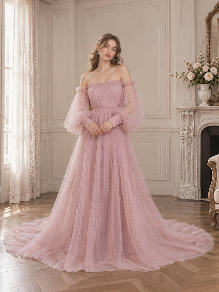 Off Shoulder Polka Dot Tulle Maternity Photo Shoot Dress Elastic Waist Photography Props YEWEN YW240063