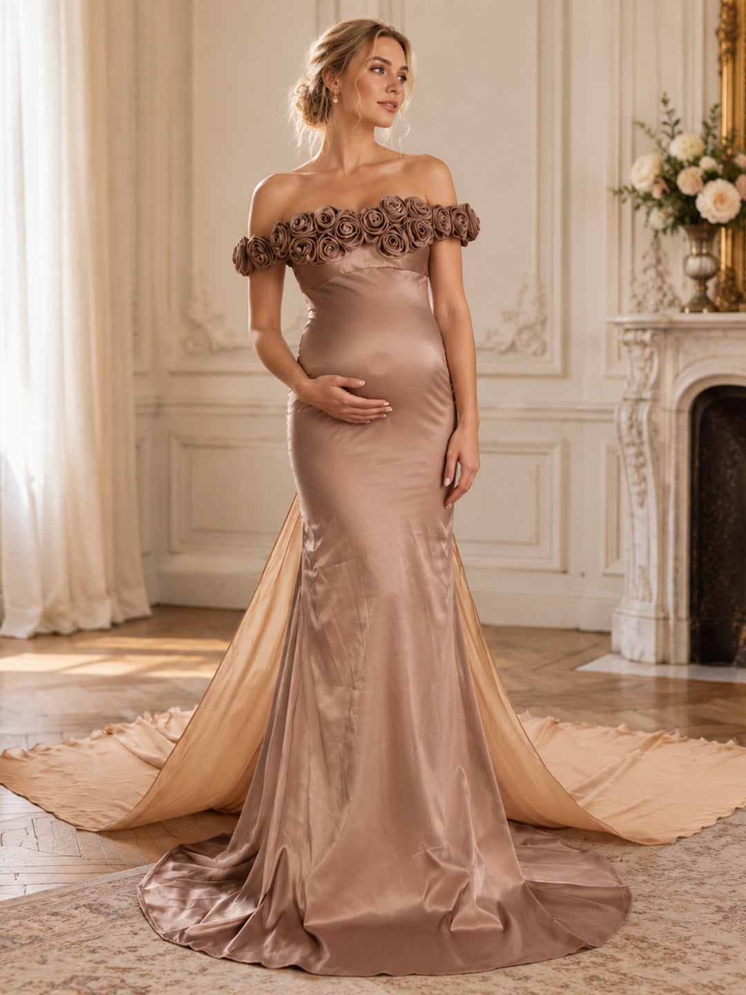 Off The Shoulder Fitted Maternity Photoshoot Dress with 3D Flower Detail YW240200
