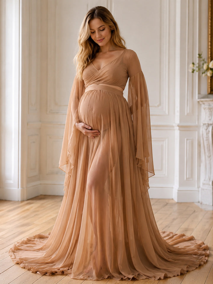 Fall Maternity Dress for Pictures Ruffled Sleeves Maternity Long Train Dress Boho Dress for Photohoot YW243111