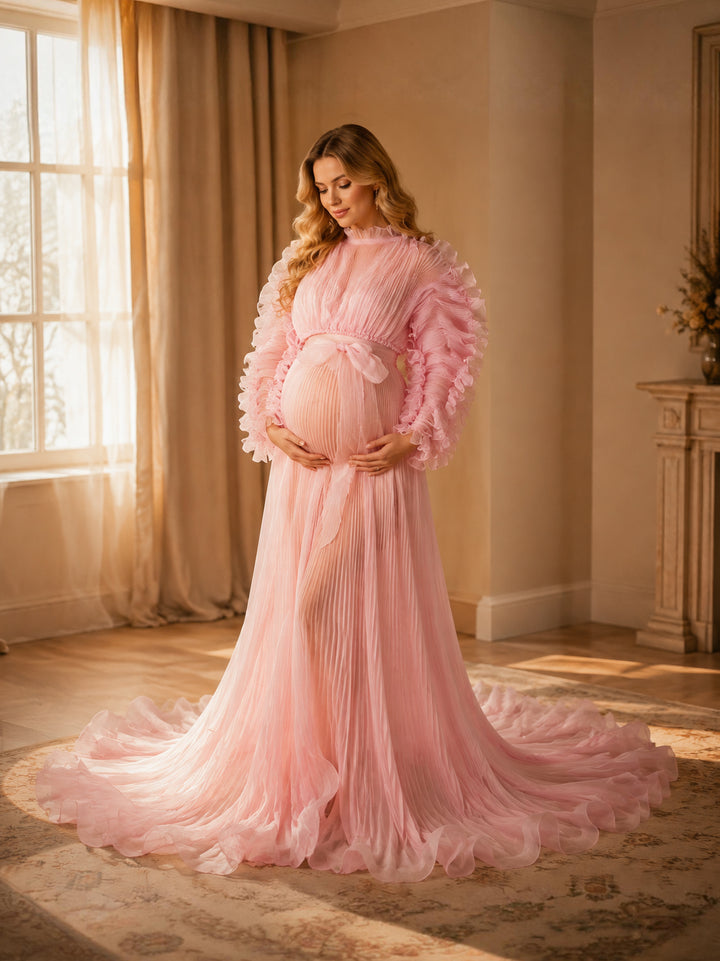 Pink Color 2 Piece Set Pleated Organza Maternity Dresses for Photoshoot Sheer Dress for Maternity Photos YW250013-1