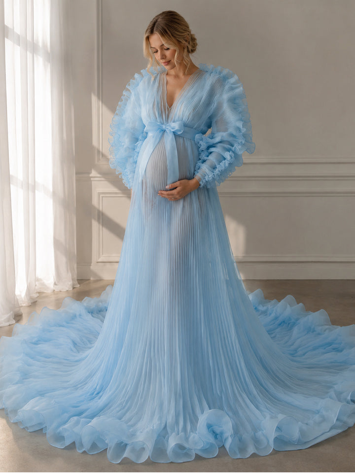 V Neck Pleated Organza Maternity Dresses for Photoshoot Big Skirt Sheer Dress for Pictures YW250013