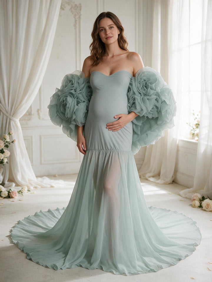 Gorgeous Mermaid Maternity Dress Photoshoot with 3D Floral Shawl YW250040