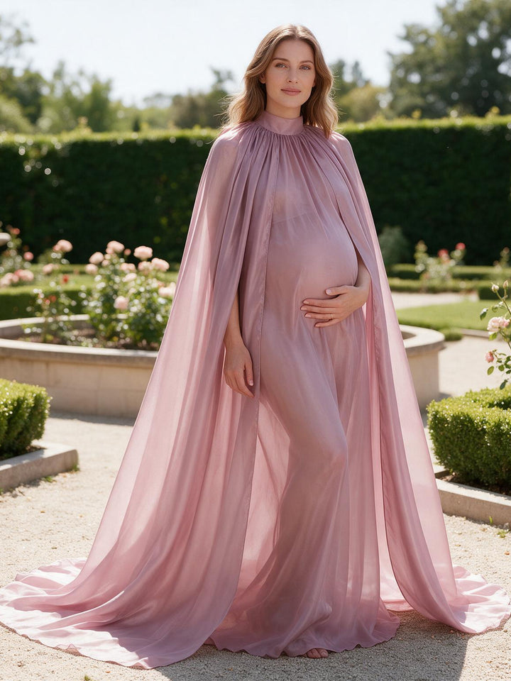 Sheer Maternity Cape Gown Dusty Pink Maternity Photoshoot Dress Side Slit YW250043