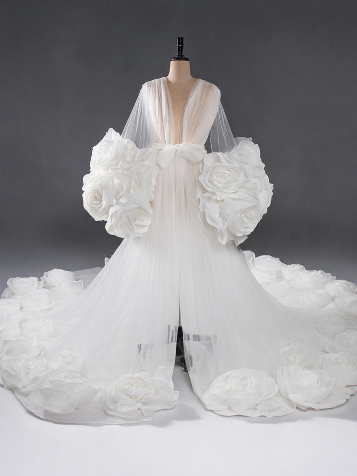 Luxury 3D Rose Bridal Robes Long Train Gown for Photoshoots