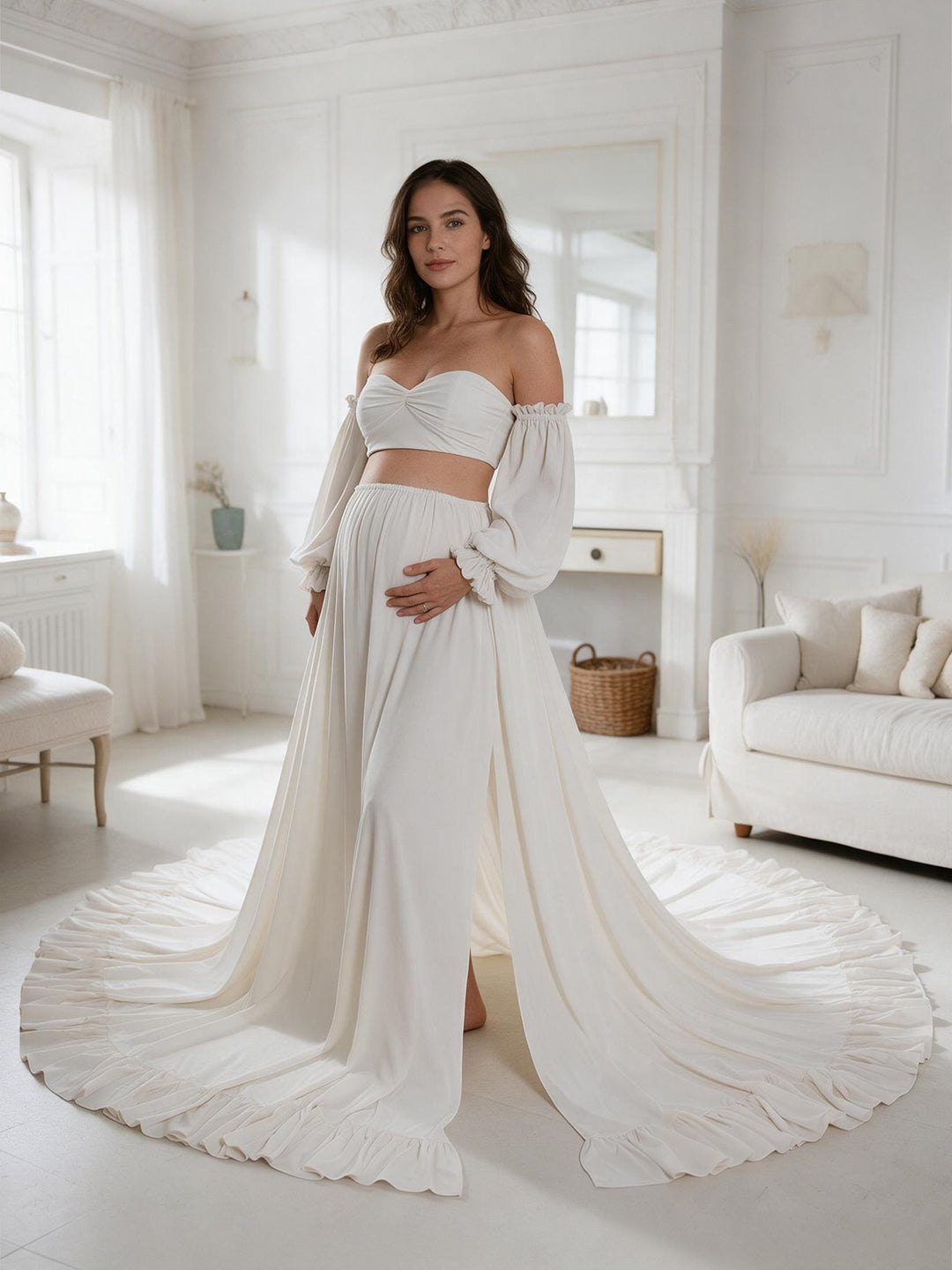 Chiffon Photoshoot Dresses Long Sleeve Twisted Crop Top with High Slit Maxi Skirt YW260293