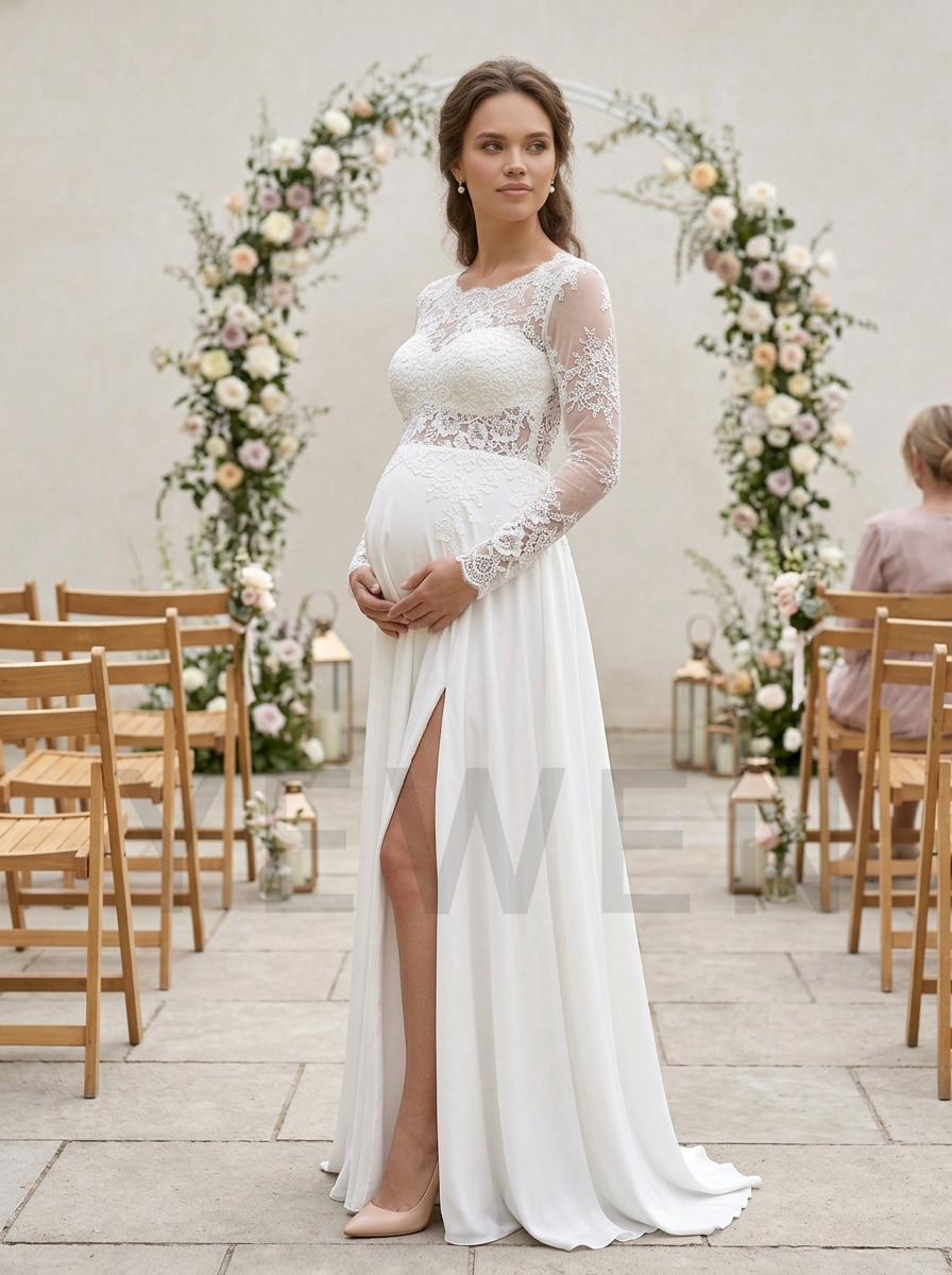 A pregnant woman wearing a white lace and chiffon wedding gown with a thigh-high slit, standing in an outdoor ceremony aisle with wooden chairs and a floral arch in the background.