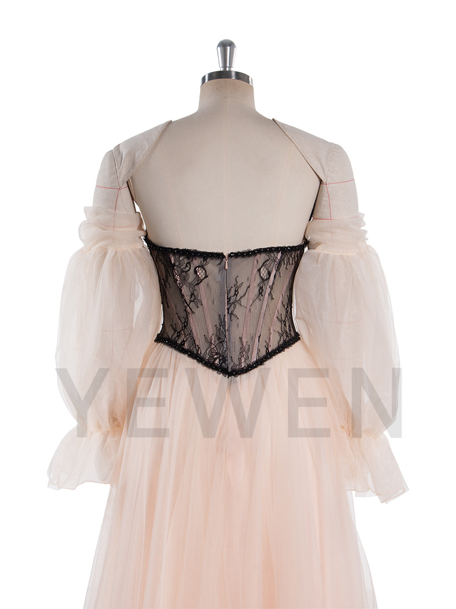 Back view of A-line photoshoot dress with lace corset structure designed for photography sessions