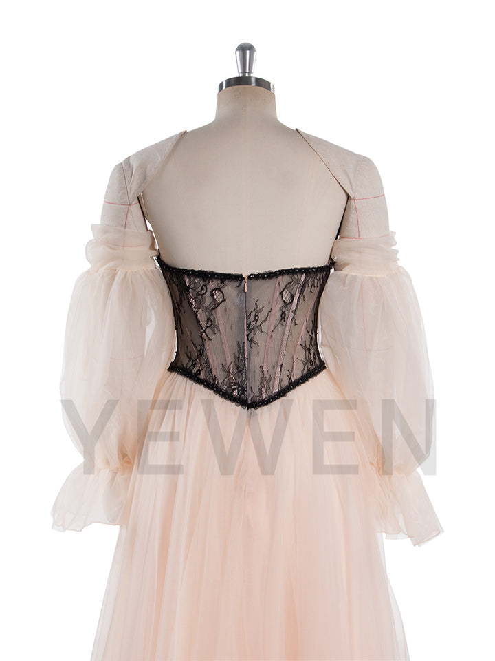 Back view of A-line photoshoot dress with lace corset structure designed for photography sessions