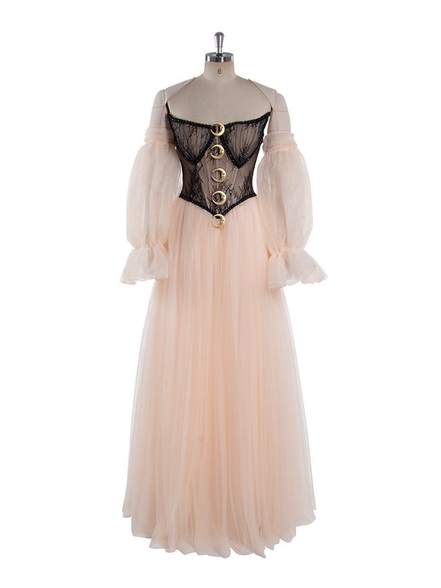 Front view of A-line photoshoot dress featuring corset waist and mesh lace detailing for elegant ball gown silhouette