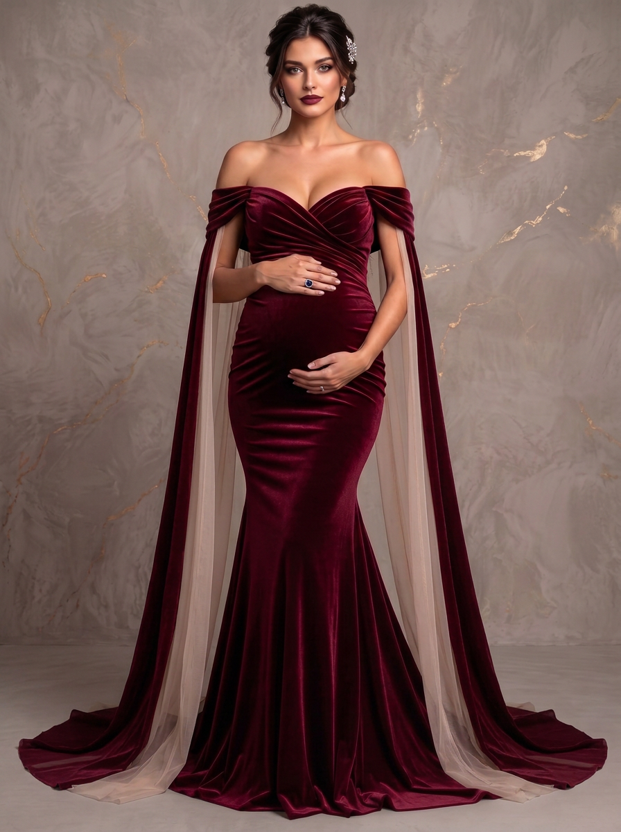 Off-Shoulder Draped Cape Mermaid Maternity Photoshoot Gown L-26948