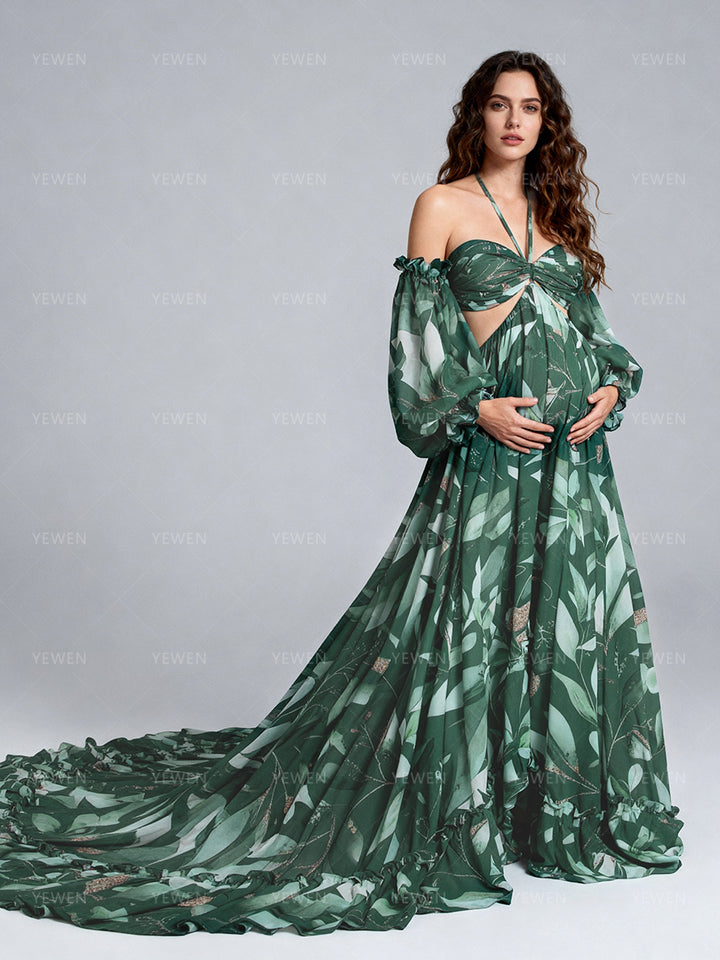 Bohemian Printed Chiffon Maternity Dress for Photoshoot Pregnancy Dress Photoshoot YW240526