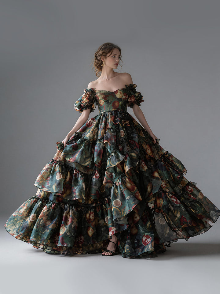 Vintage Floral Painting Sweetheart Puff Sleeve Princess Dress YM260901